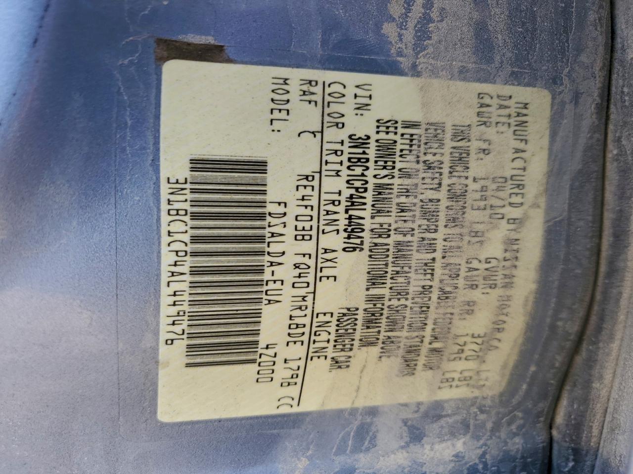 2010 Nissan Versa S VIN: 3N1BC1CP4AL449476 Lot: 94354505