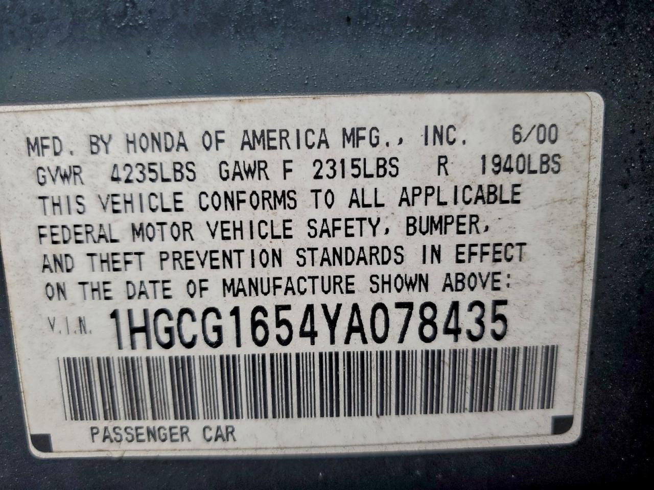 2000 Honda Accord Ex VIN: 1HGCG1654YA078435 Lot: 94131725