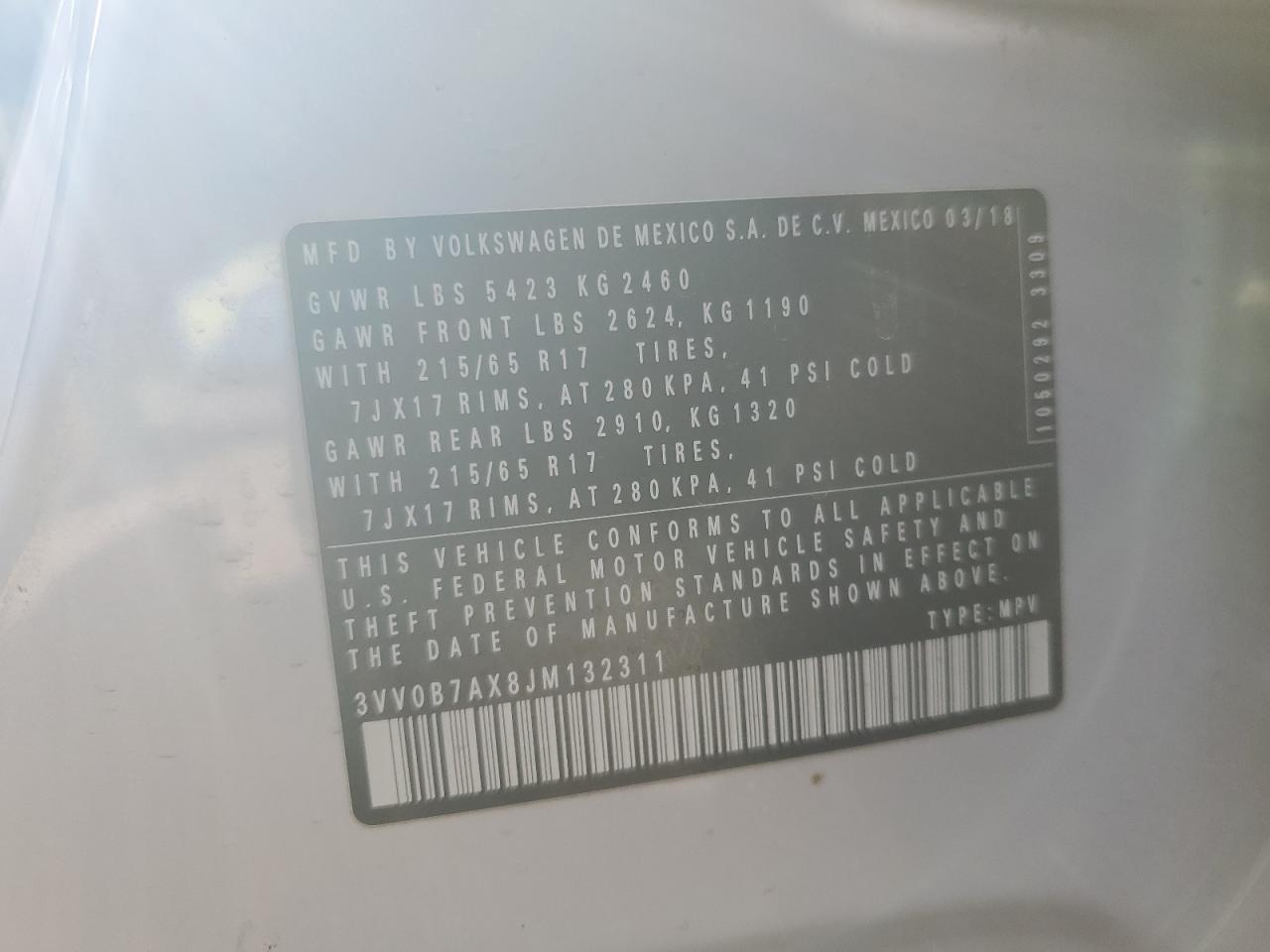 2018 Volkswagen Tiguan S VIN: 3VV0B7AX8JM132311 Lot: 92042125