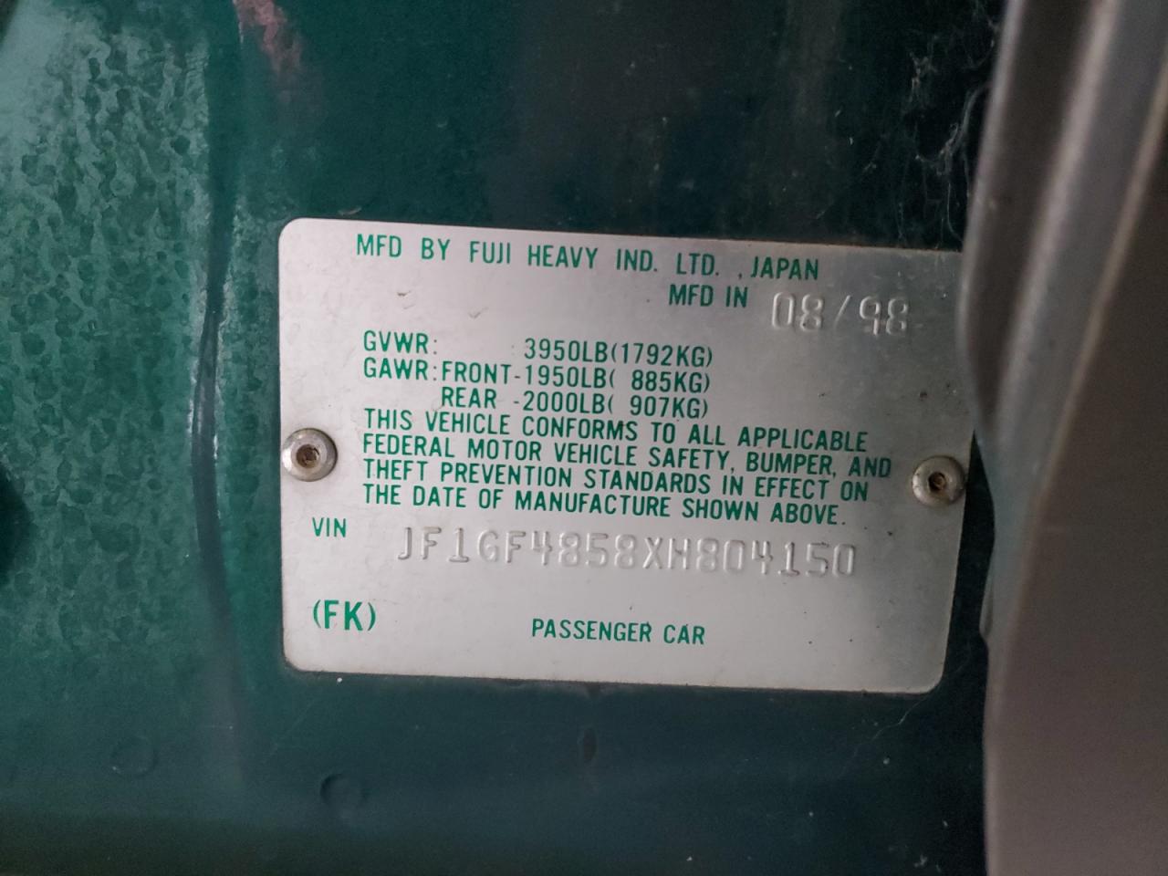 1999 Subaru Impreza Outback Sport VIN: JF1GF4858XH804150 Lot: 93378165