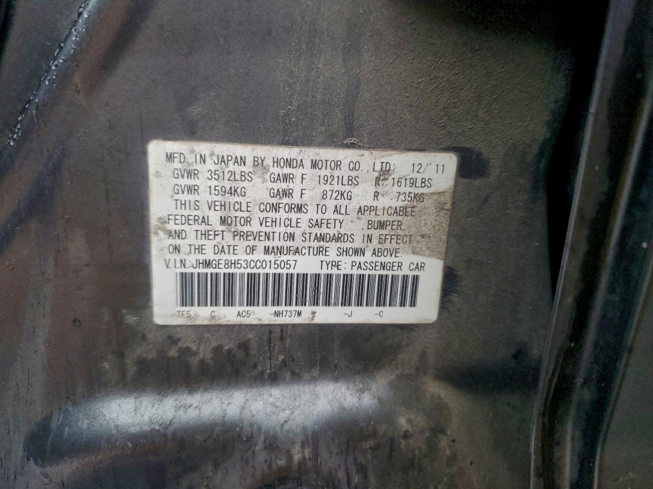 2012 Honda Fit Sport VIN: JHMGE8H53CC015057 Lot: 94503995