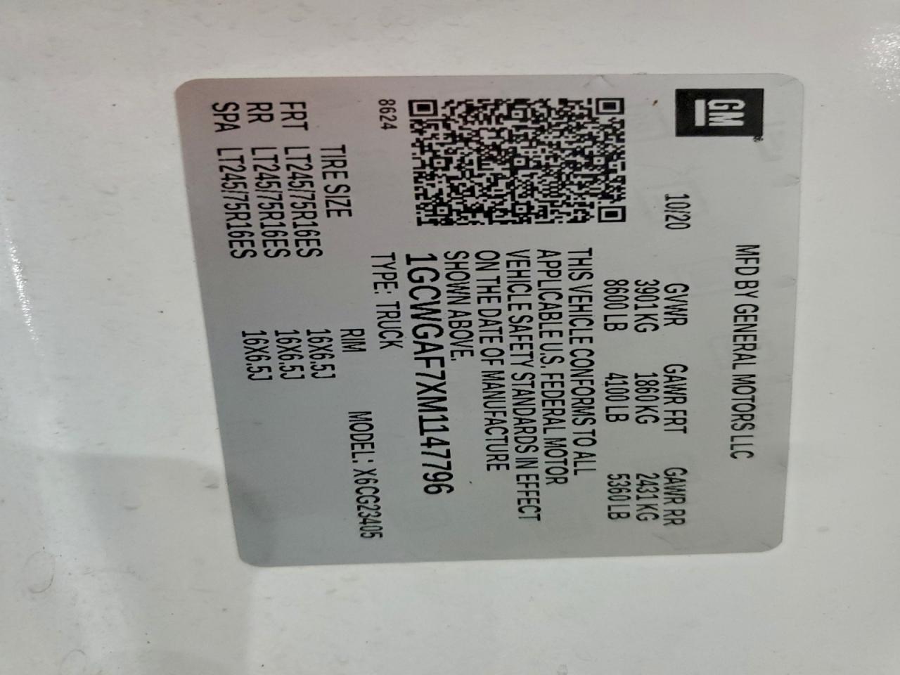 2021 Chevrolet Express G2500 VIN: 1GCWGAF7XM1147796 Lot: 94069055