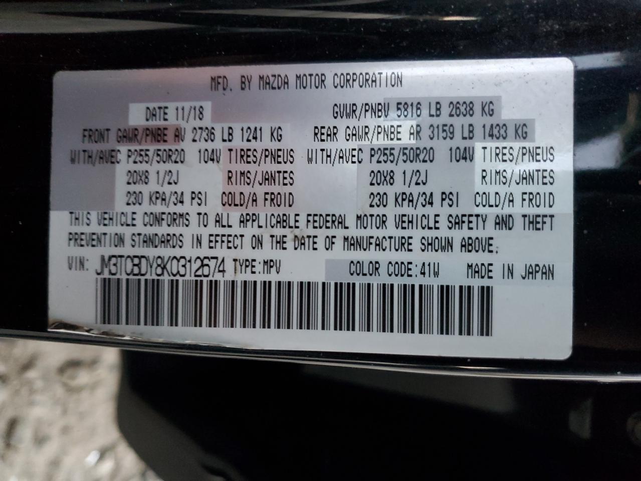 2019 Mazda Cx-9 Grand Touring VIN: JM3TCBDY8K0312674 Lot: 92054345