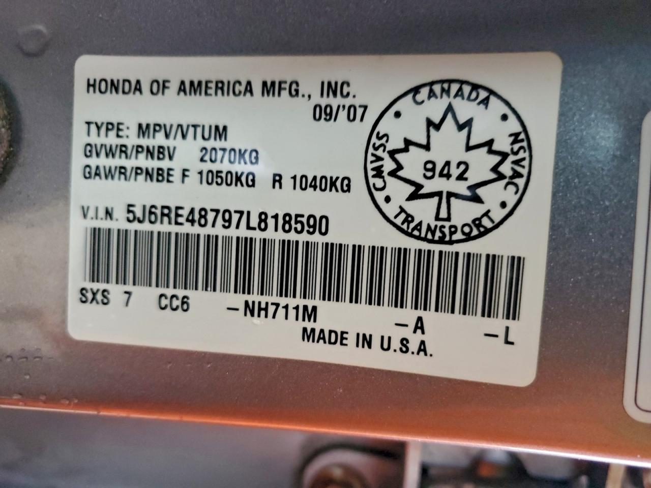 2007 Honda Cr-V Exl VIN: 5J6RE48797L818590 Lot: 93320745