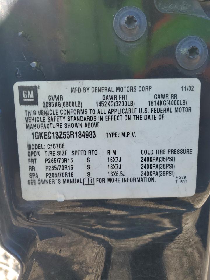 2003 GMC Yukon VIN: 1GKEC13Z53R184983 Lot: 92123105