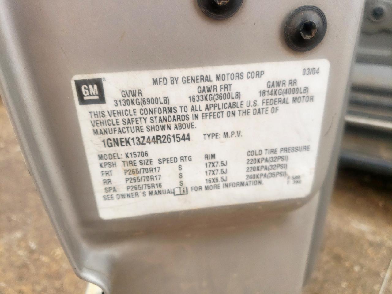 2004 Chevrolet Tahoe K1500 VIN: 1GNEK13Z44R261544 Lot: 91708805