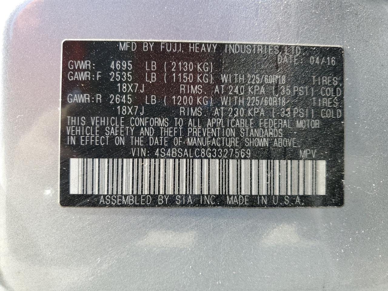 2016 Subaru Outback 2.5I Limited VIN: 4S4BSALC8G3327569 Lot: 93618505