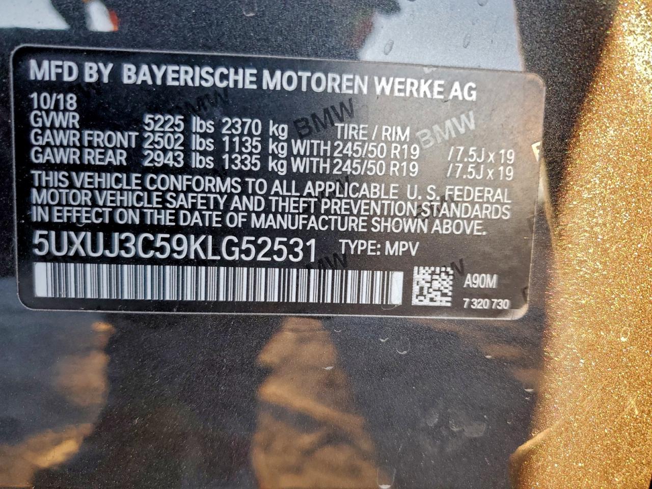 2019 BMW X4 xDrive30I VIN: 5UXUJ3C59KLG52531 Lot: 94097635