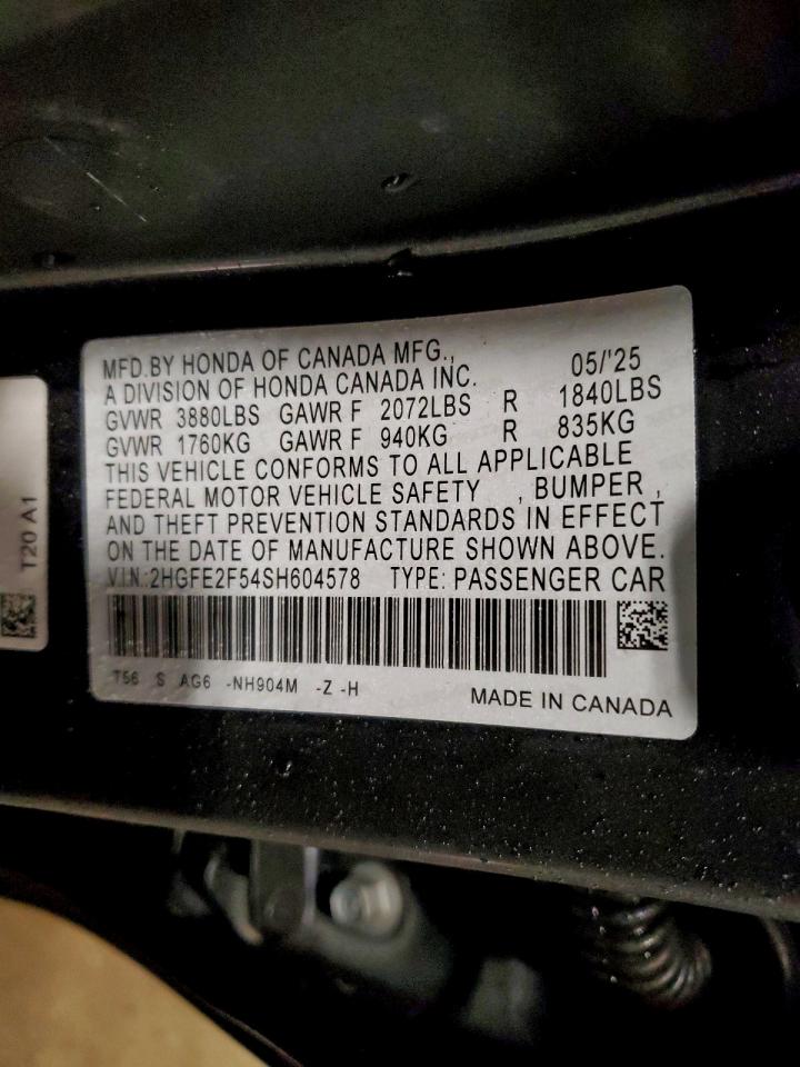2025 Honda Civic Sport VIN: 2HGFE2F54SH604578 Lot: 94298035