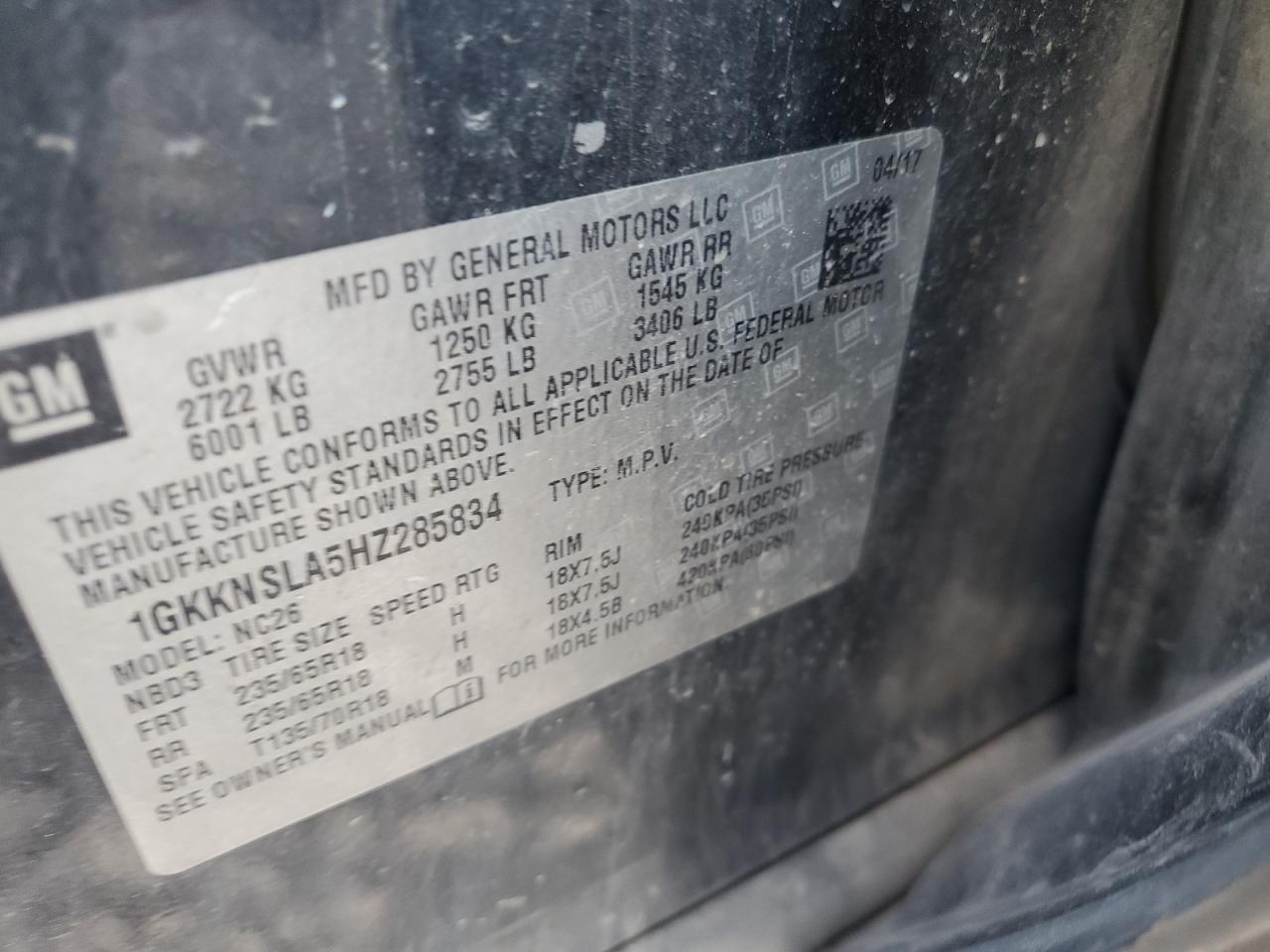 2017 GMC Acadia Sle VIN: 1GKKNSLA5HZ285834 Lot: 90842245