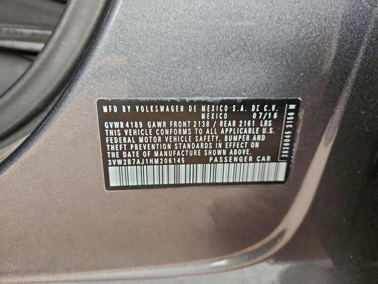 2017 Volkswagen Jetta S VIN: 3VW2B7AJ1HM206145 Lot: 93683825