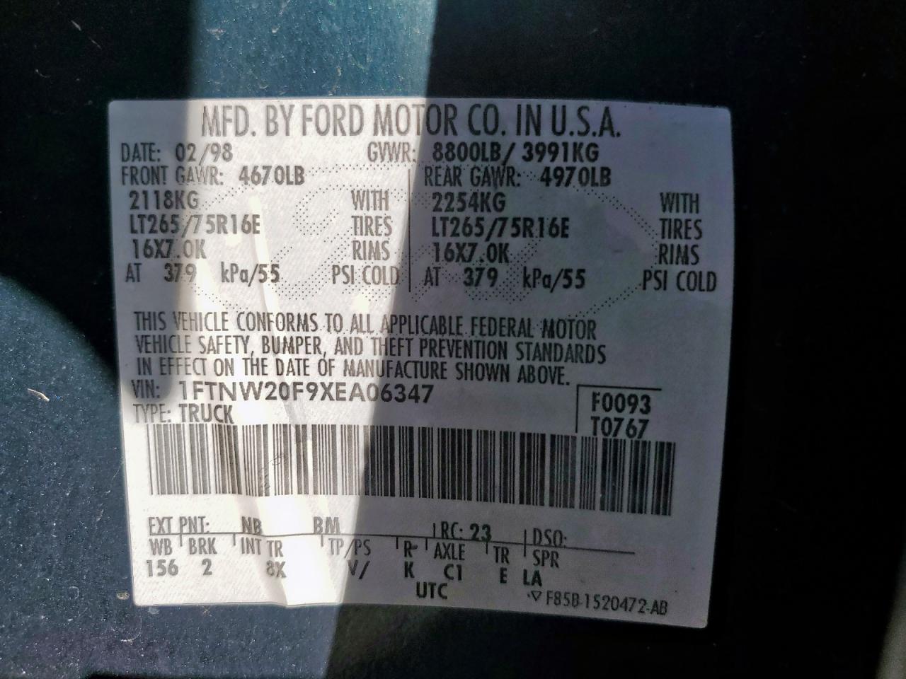 1999 Ford F250 Super Duty VIN: 1FTNW20F9XEA06347 Lot: 92898825