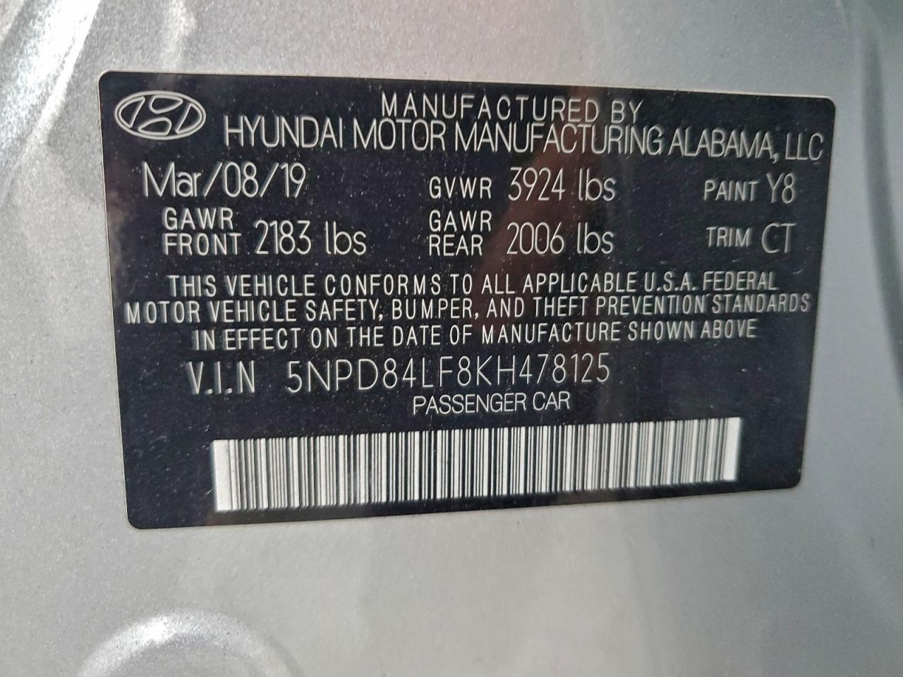 2019 Hyundai Elantra Sel VIN: 5NPD84LF8KH478125 Lot: 93170725