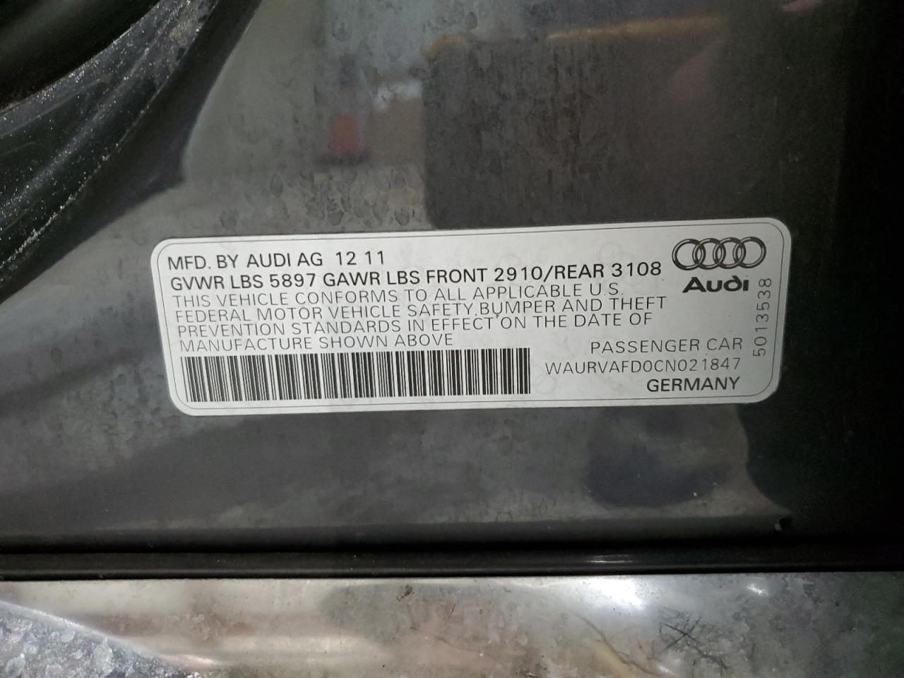 2012 Audi A8 L Quattro VIN: WAURVAFD0CN021847 Lot: 91095085