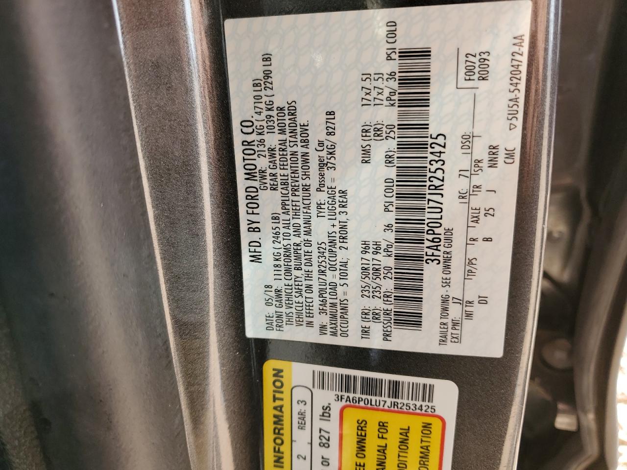 2018 Ford Fusion Se Hybrid VIN: 3FA6P0LU7JR253425 Lot: 92048535