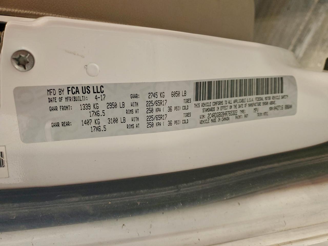 2017 Dodge Grand Caravan Se VIN: 2C4RDGBG9HR765322 Lot: 94689095