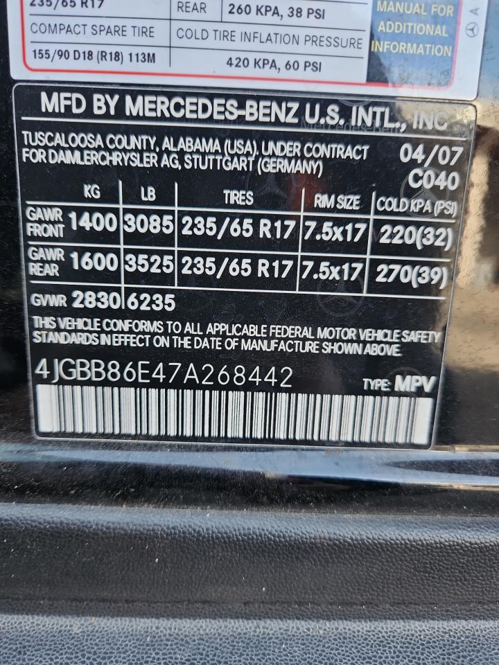 2007 Mercedes-Benz Ml 350 VIN: 4JGBB86E47A268442 Lot: 93583045