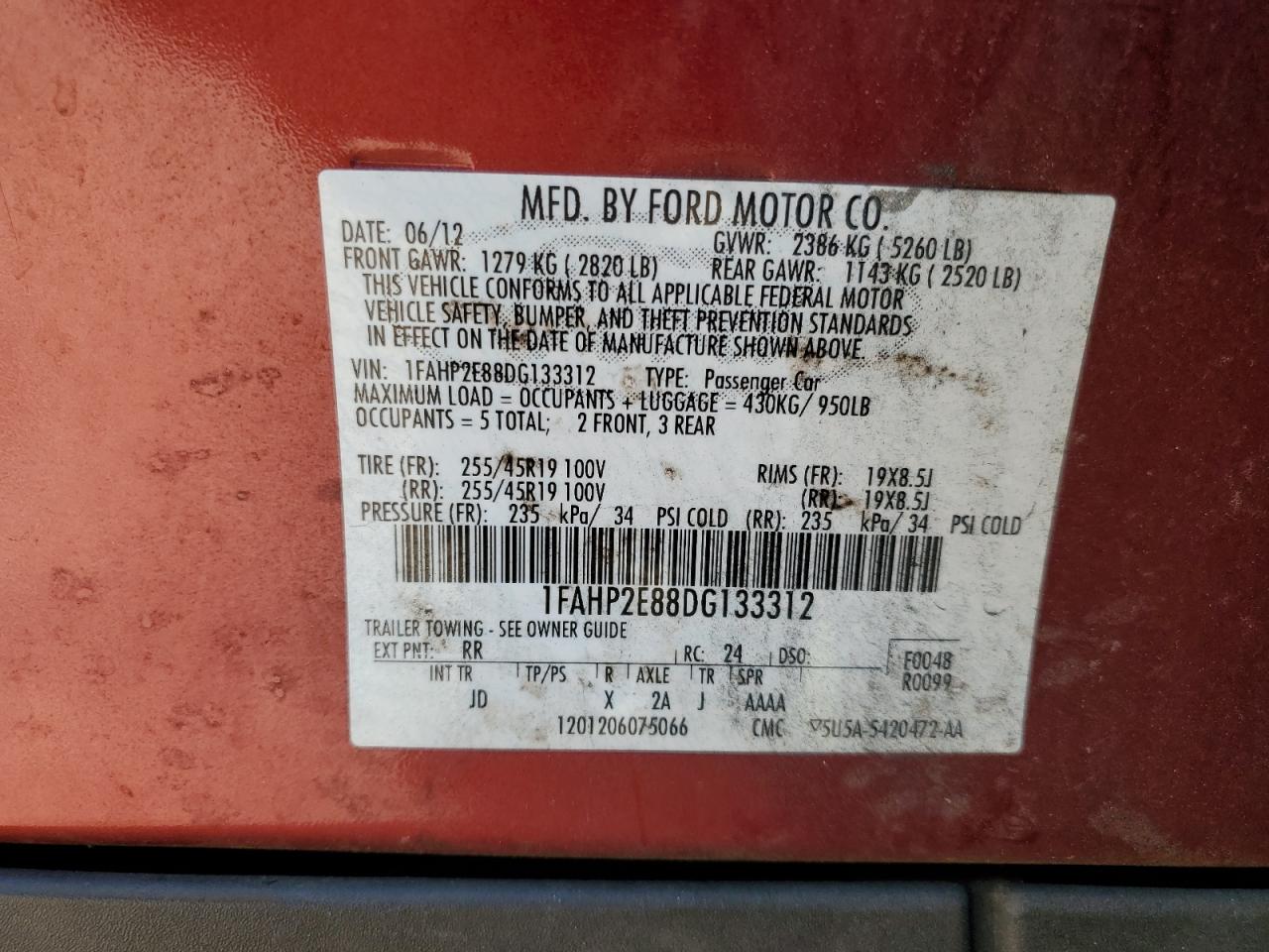 2013 Ford Taurus Sel VIN: 1FAHP2E88DG133312 Lot: 91863975