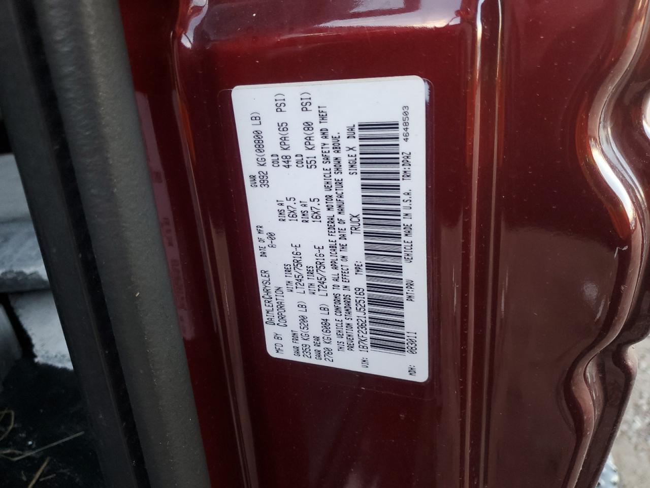 2001 Dodge Ram 2500 VIN: 1B7KF23621J525169 Lot: 92647525