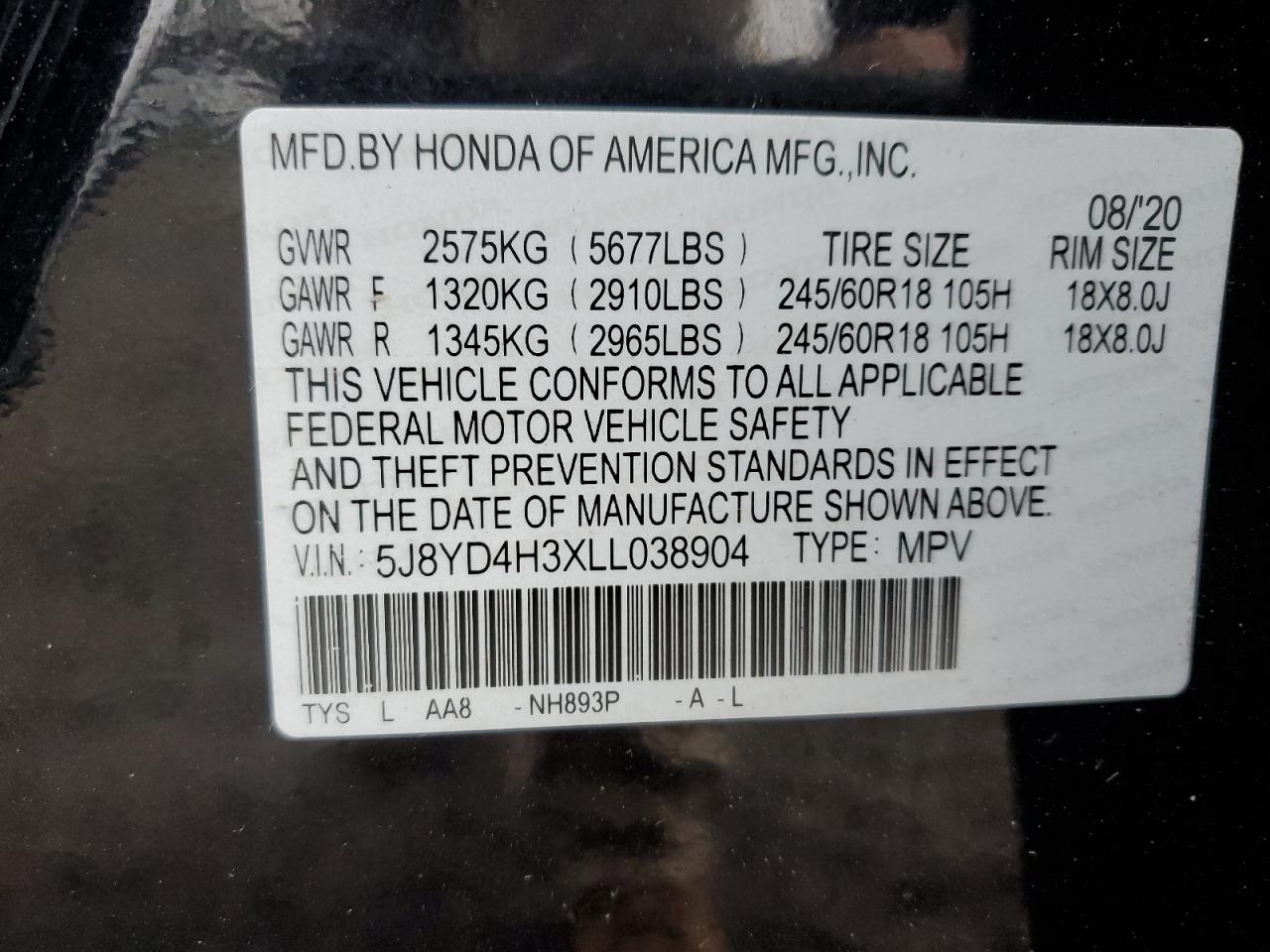 2020 Acura Mdx VIN: 5J8YD4H3XLL038904 Lot: 93901305