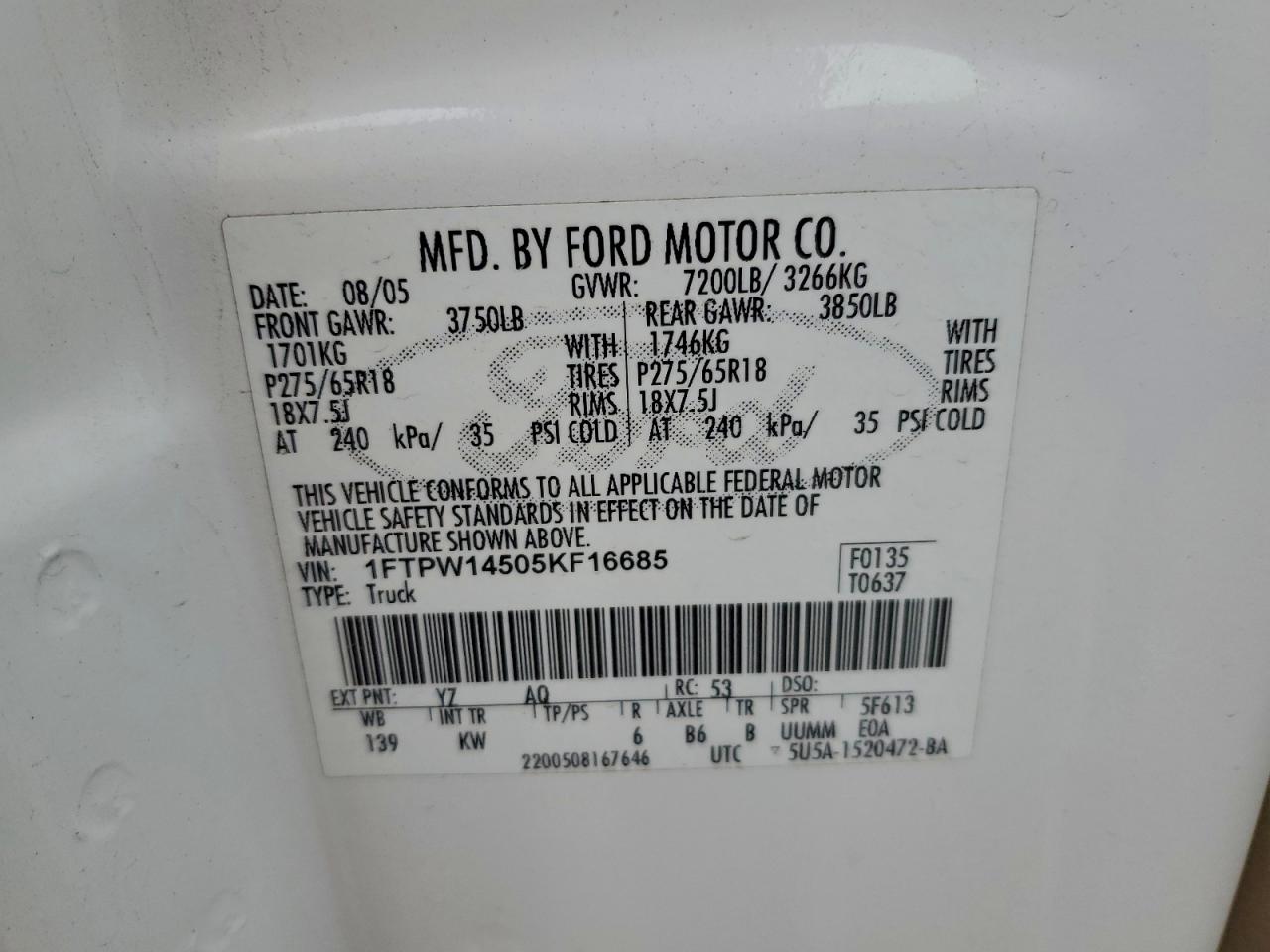 2005 Ford F150 VIN: 1FTPX14505NS16685 Lot: 93743585