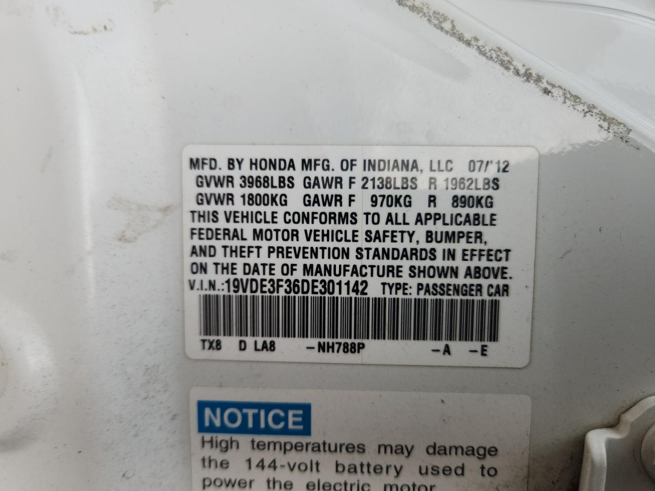 2013 Acura Ilx Hybrid VIN: 19VDE3F36DE301142 Lot: 92060085