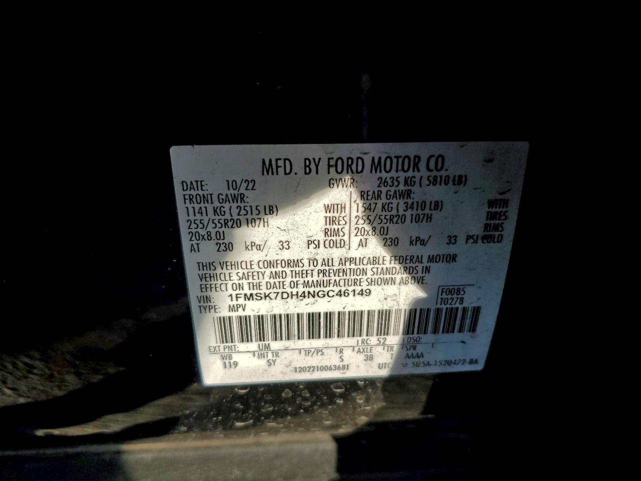 2022 Ford Explorer Xlt VIN: 1FMSK7DH4NGC46149 Lot: 94507335