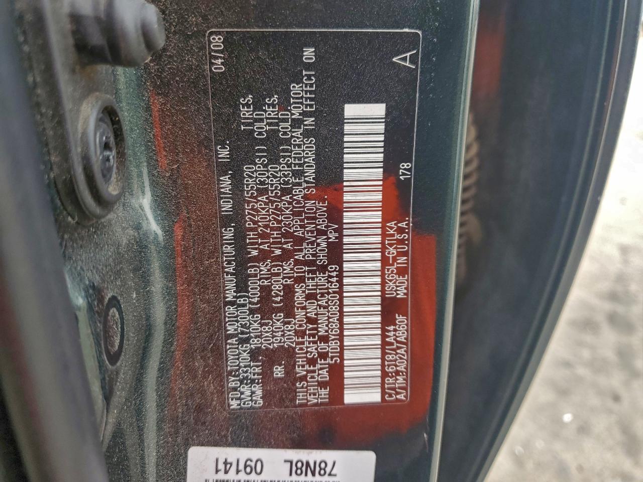 2008 Toyota Sequoia Limited VIN: 5TDBY68A08S016449 Lot: 92033395