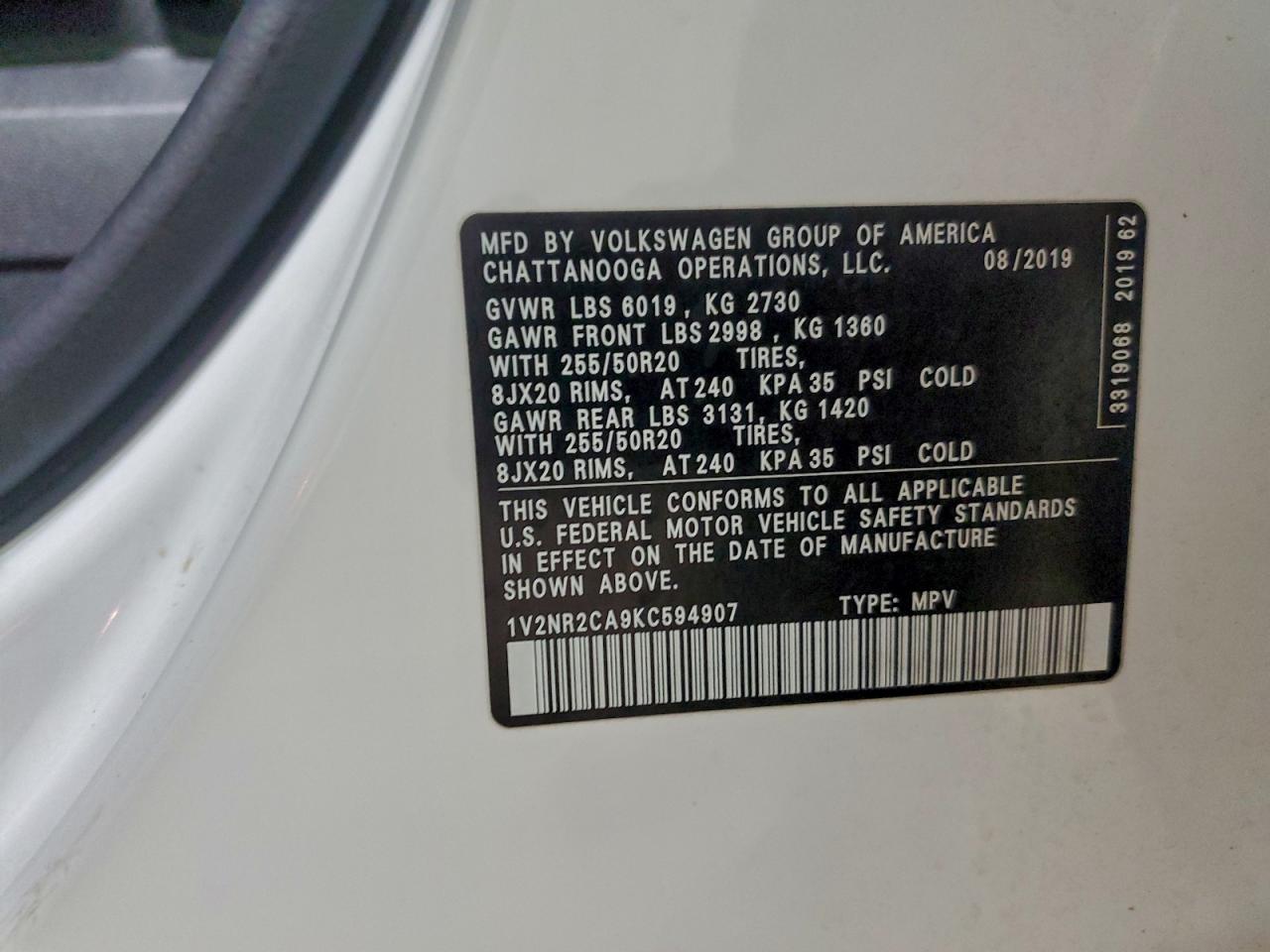 2019 Volkswagen Atlas Sel Premium VIN: 1V2NR2CA9KC594907 Lot: 94282945