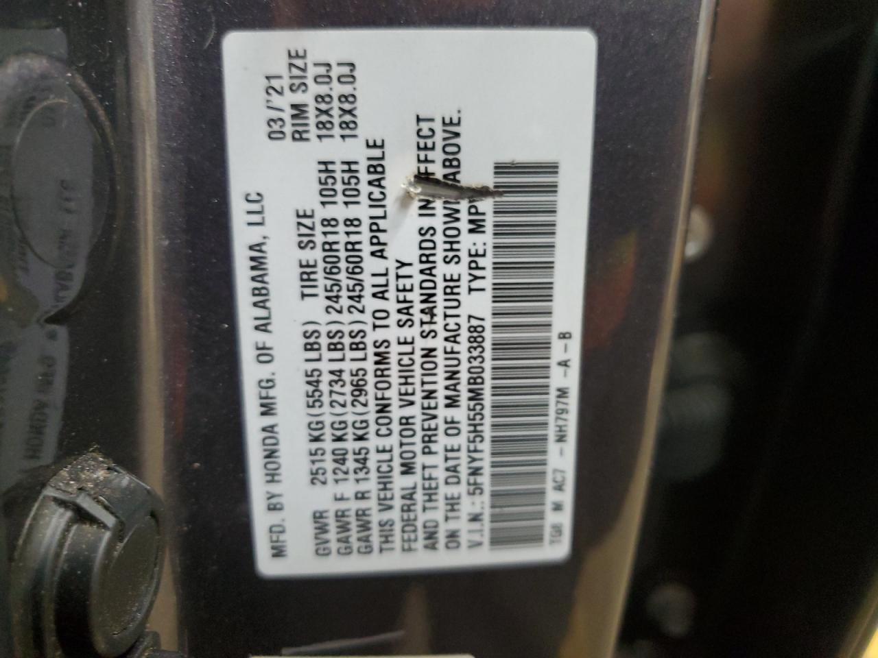 2021 Honda Pilot Exl VIN: 5FNYF5H55MB033887 Lot: 92786865