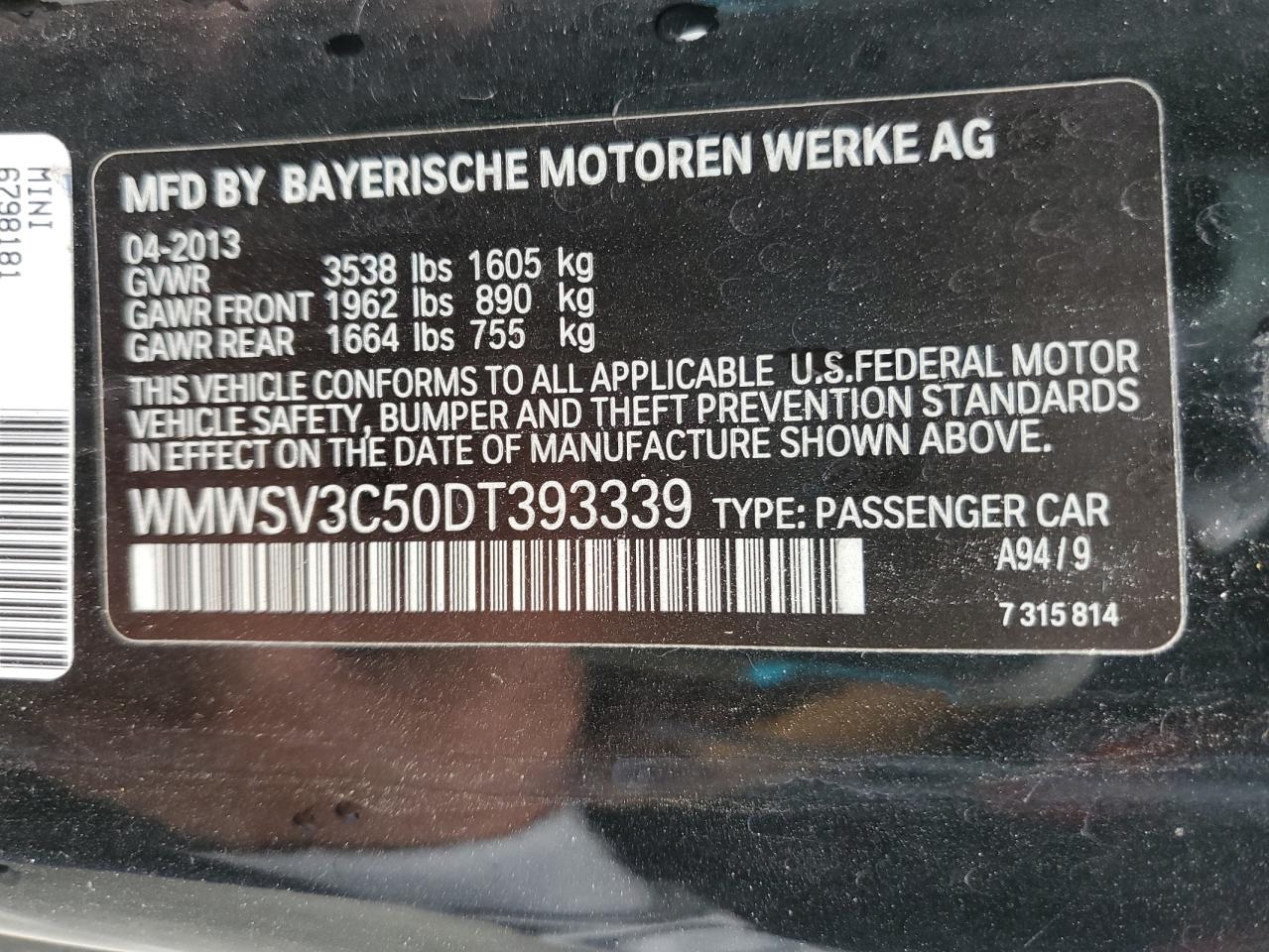 2013 Mini Cooper S VIN: WMWSV3C50DT393339 Lot: 92106005