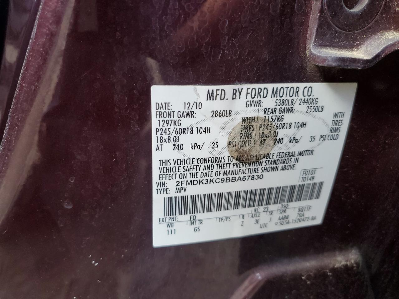 2011 Ford Edge Limited VIN: 2FMDK3KC9BBA67830 Lot: 93731775