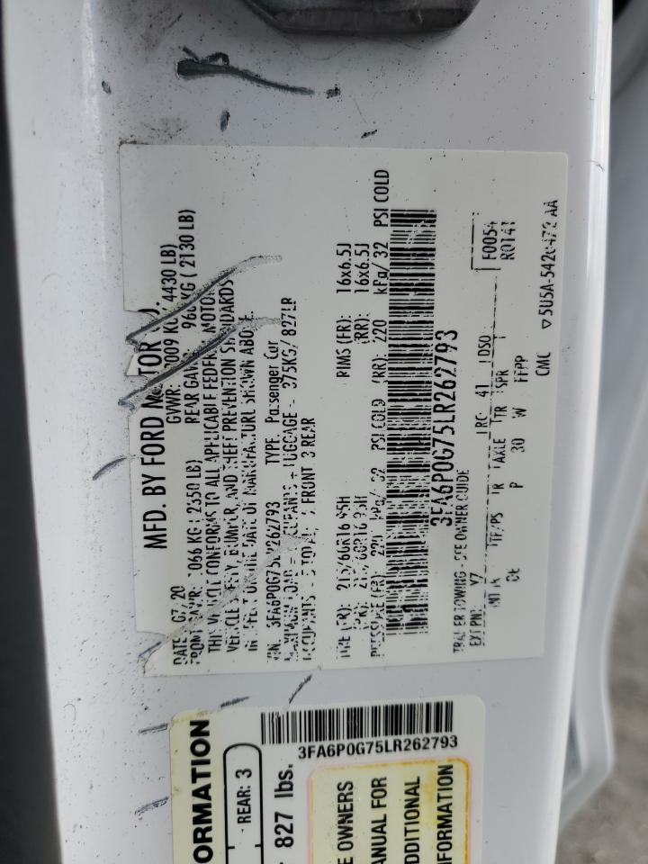 2020 Ford Fusion S VIN: 3FA6P0G75LR262793 Lot: 93336145