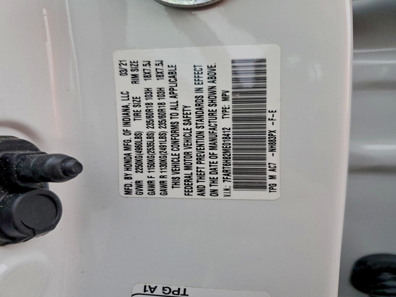 2021 Honda Cr-V Exl VIN: 7FART6H82ME018412 Lot: 93935185
