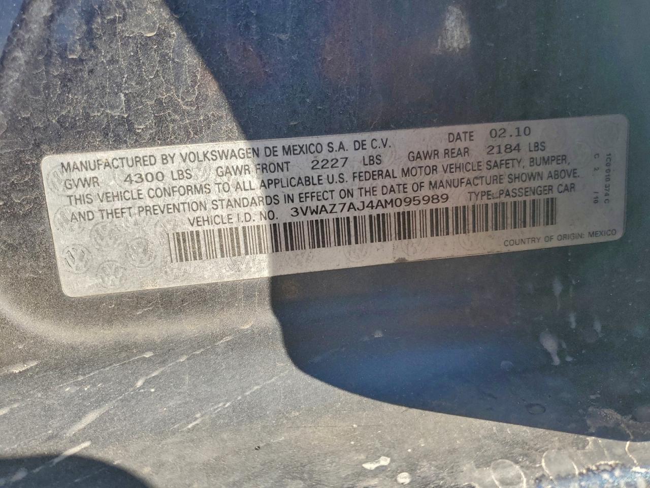 2010 Volkswagen Jetta Limited VIN: 3VWAZ7AJ4AM095989 Lot: 93344145