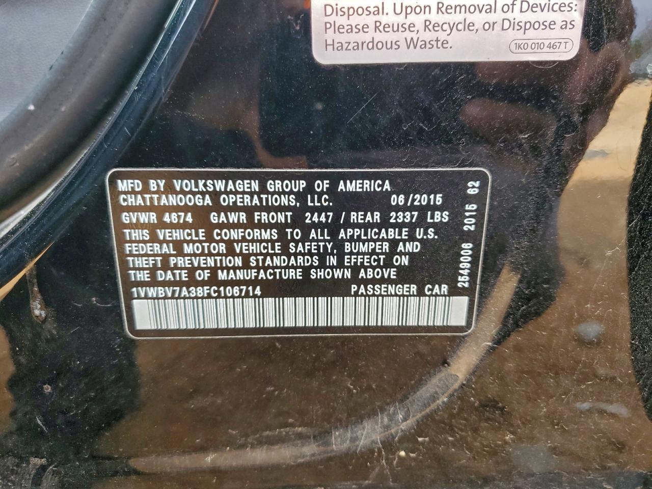 2015 Volkswagen Passat Se VIN: 1VWBV7A38FC106714 Lot: 94577025