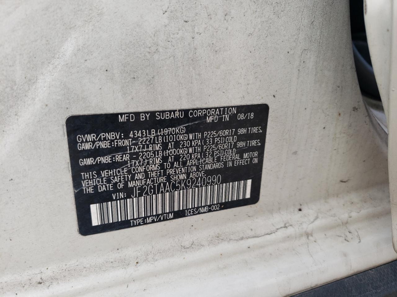 2019 Subaru Crosstrek VIN: JF2GTAAC5K9240990 Lot: 93090345