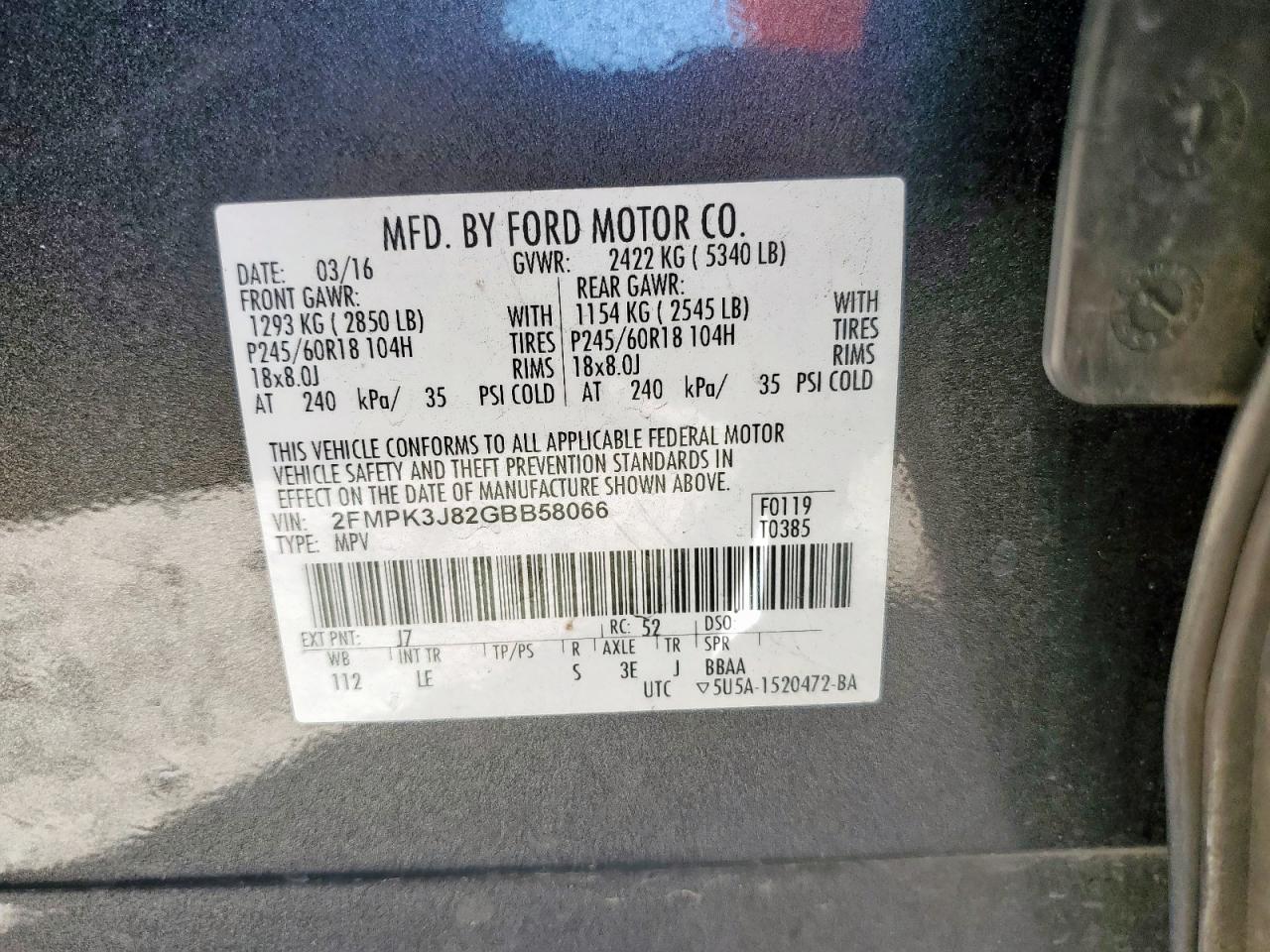 2016 Ford Edge Sel VIN: 2FMPK3J82GBB58066 Lot: 92410065