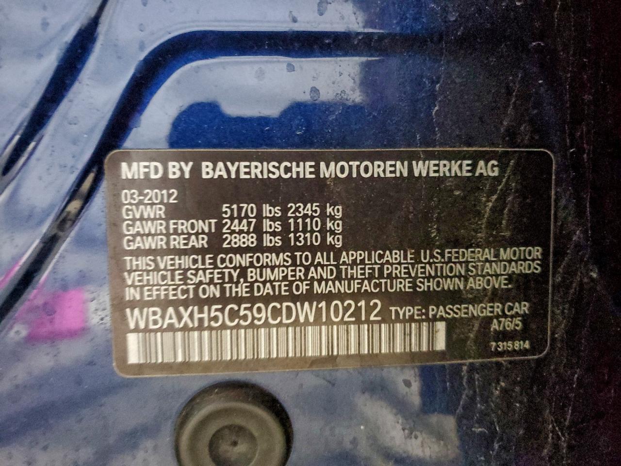 2012 BMW 528 Xi VIN: WBAXH5C59CDW10212 Lot: 93499575