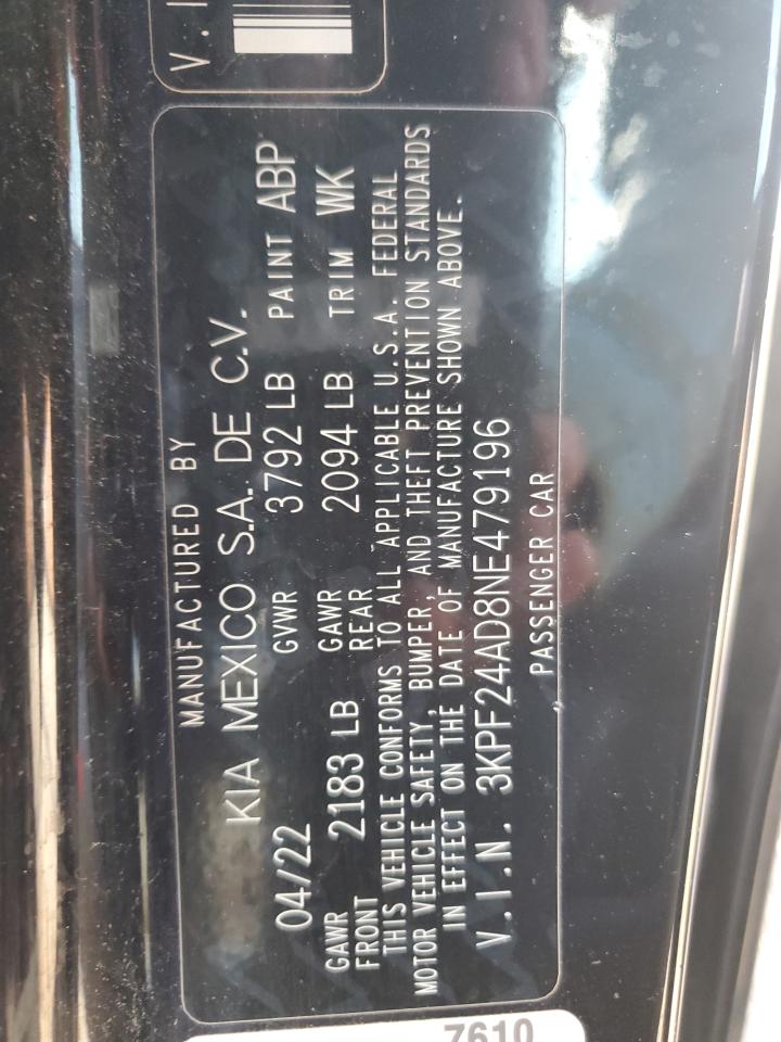 2022 Kia Forte Fe VIN: 3KPF24AD8NE479196 Lot: 92505715