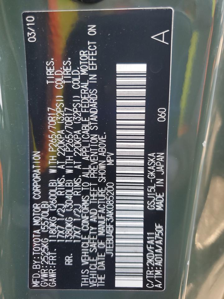 2010 Toyota Fj Cruiser VIN: JTEBU4BF3AK085200 Lot: 91982245