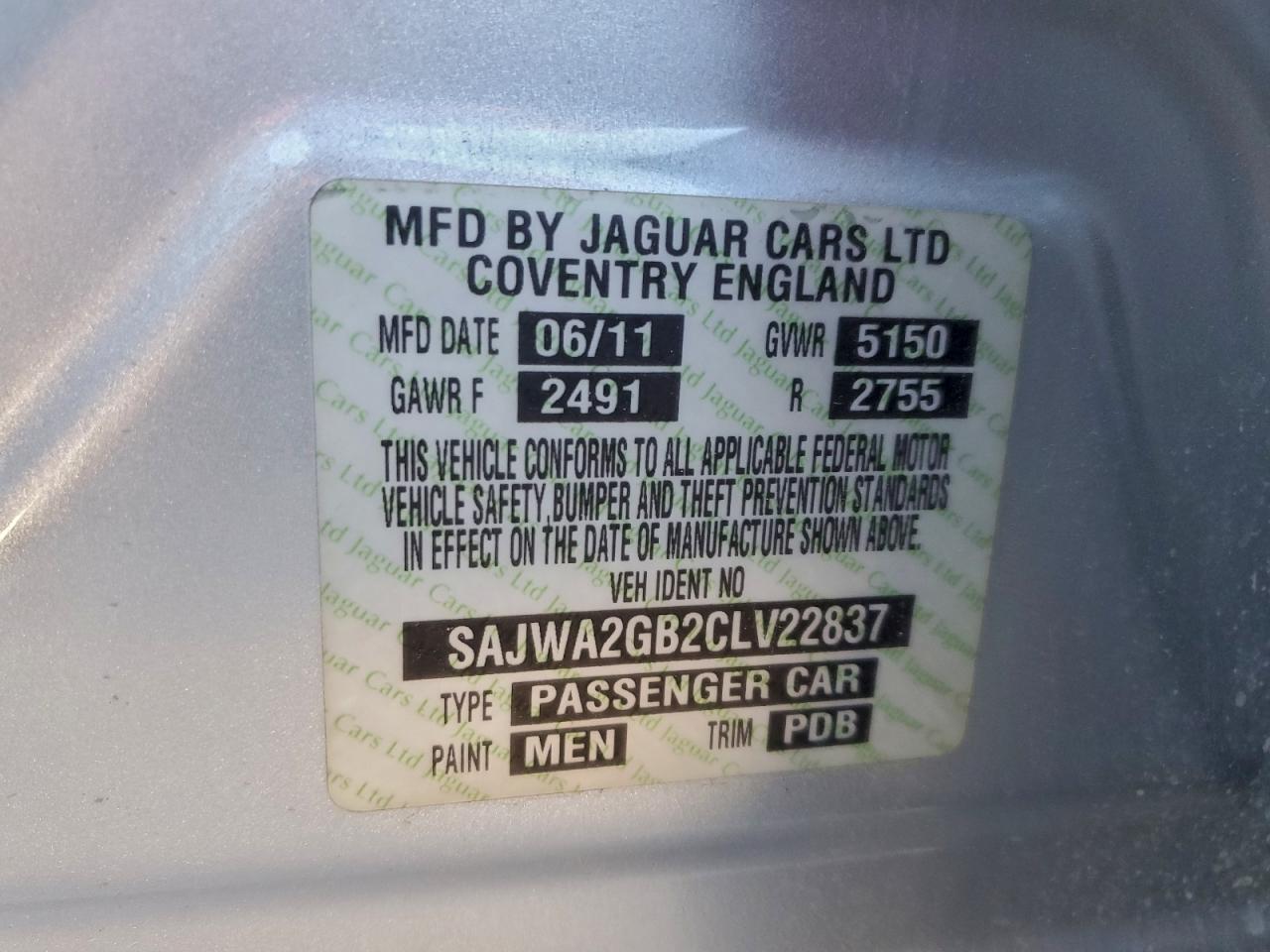 2012 Jaguar Xjl VIN: SAJWA2GB2CLV22837 Lot: 94069325