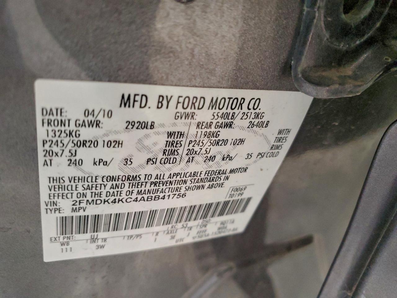 2010 Ford Edge Limited VIN: 2FMDK4KC4ABB41756 Lot: 94103295