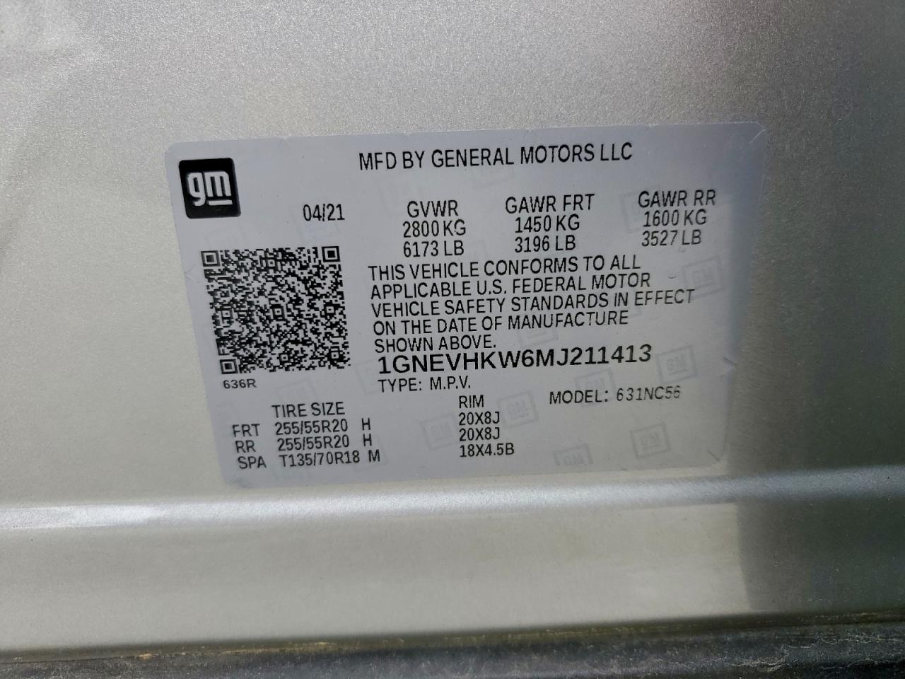 2021 Chevrolet Traverse Lt VIN: 1GNEVHKW6MJ211413 Lot: 93696845