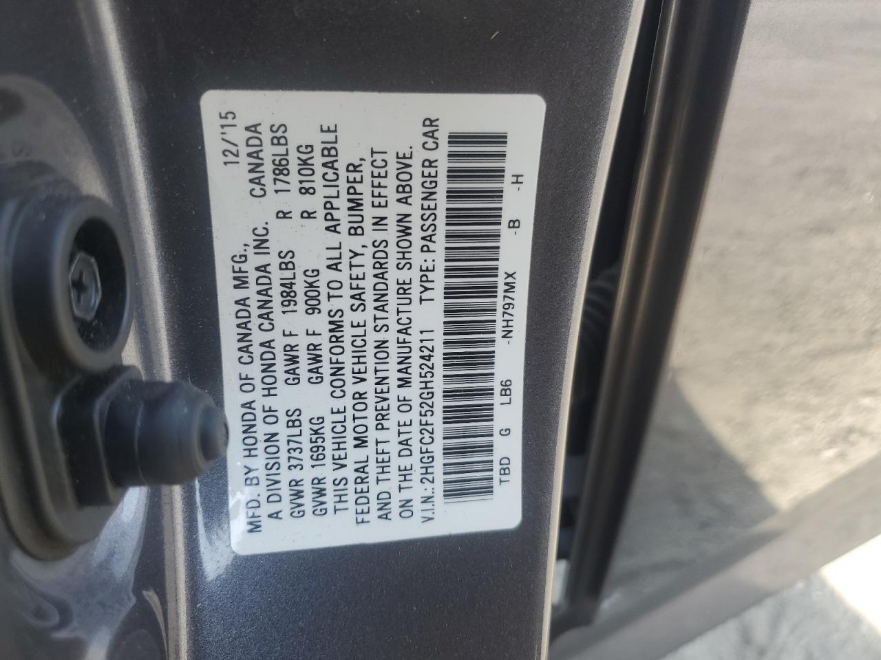 2016 Honda Civic Lx VIN: 2HGFC2F52GH524211 Lot: 93813215