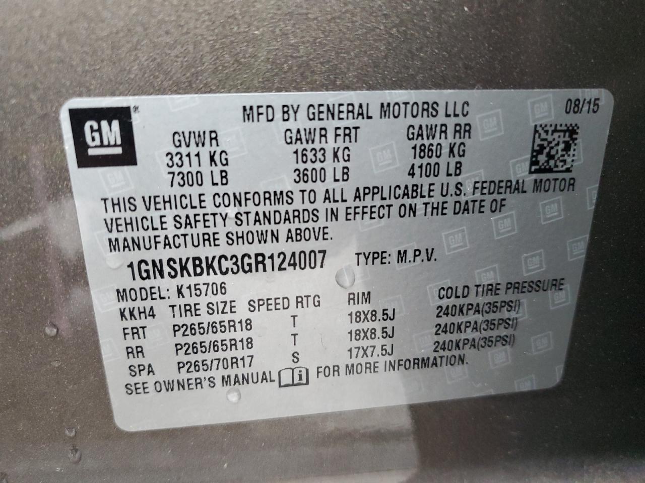 2016 Chevrolet Tahoe K1500 Lt VIN: 1GNSKBKC3GR124007 Lot: 93387135