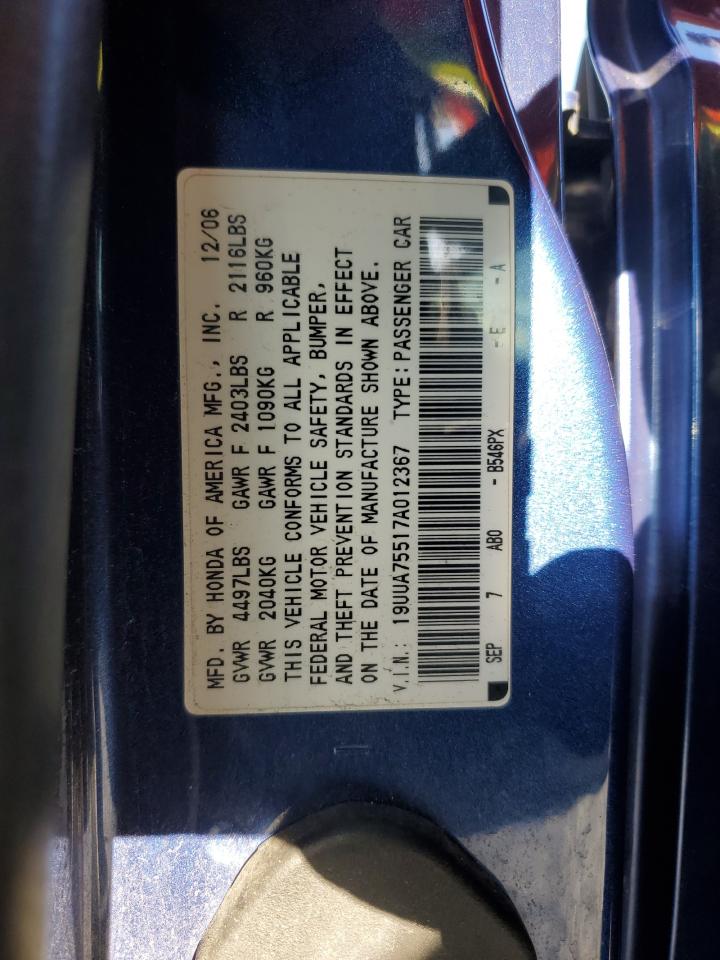 2007 Acura Tl Type S VIN: 19UUA75517A012367 Lot: 90238935