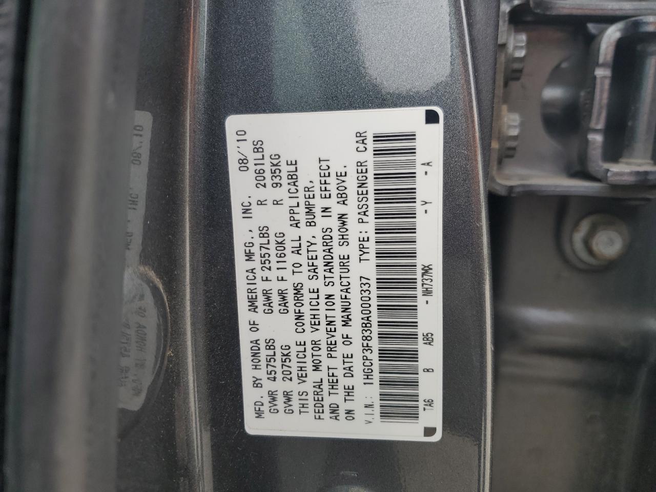 2011 Honda Accord Exl VIN: 1HGCP3F83BA000337 Lot: 91645905