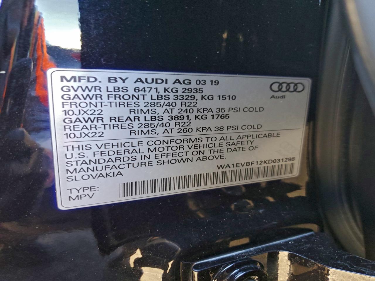 2019 Audi Q8 Premium Plus S-Line VIN: WA1EVBF12KD031288 Lot: 94575305