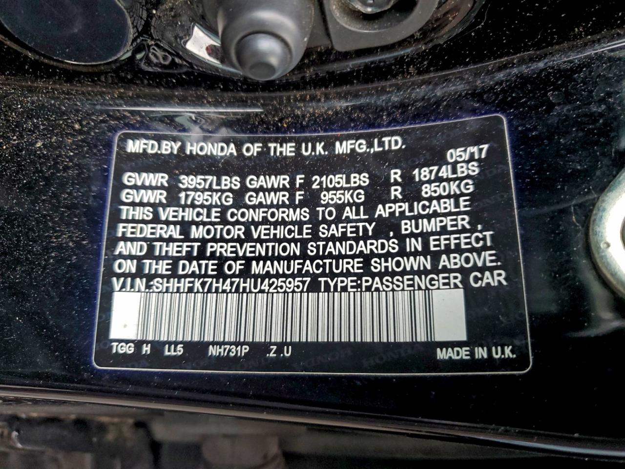 2017 Honda Civic Sport VIN: SHHFK7H47HU425957 Lot: 93689515